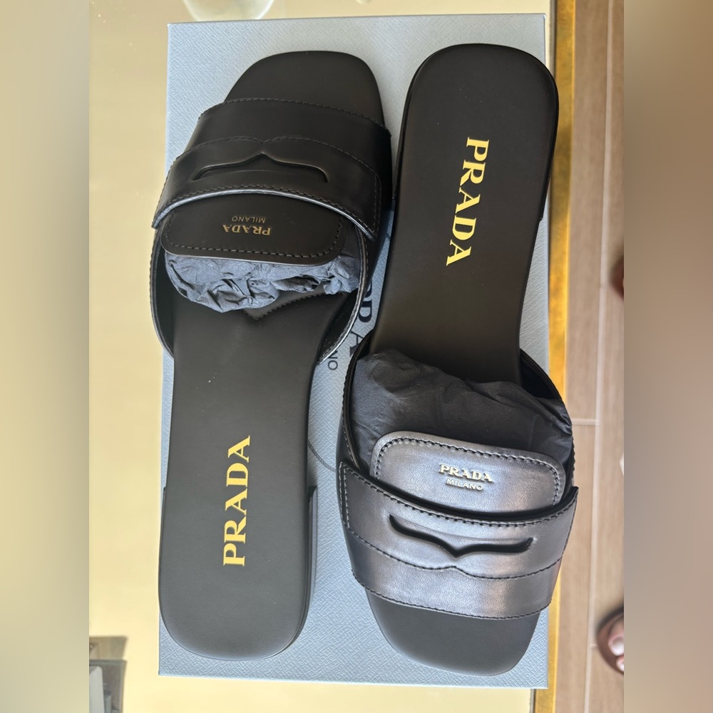 Women’s Prada Black Leather Slide Sandals with Gold Logo